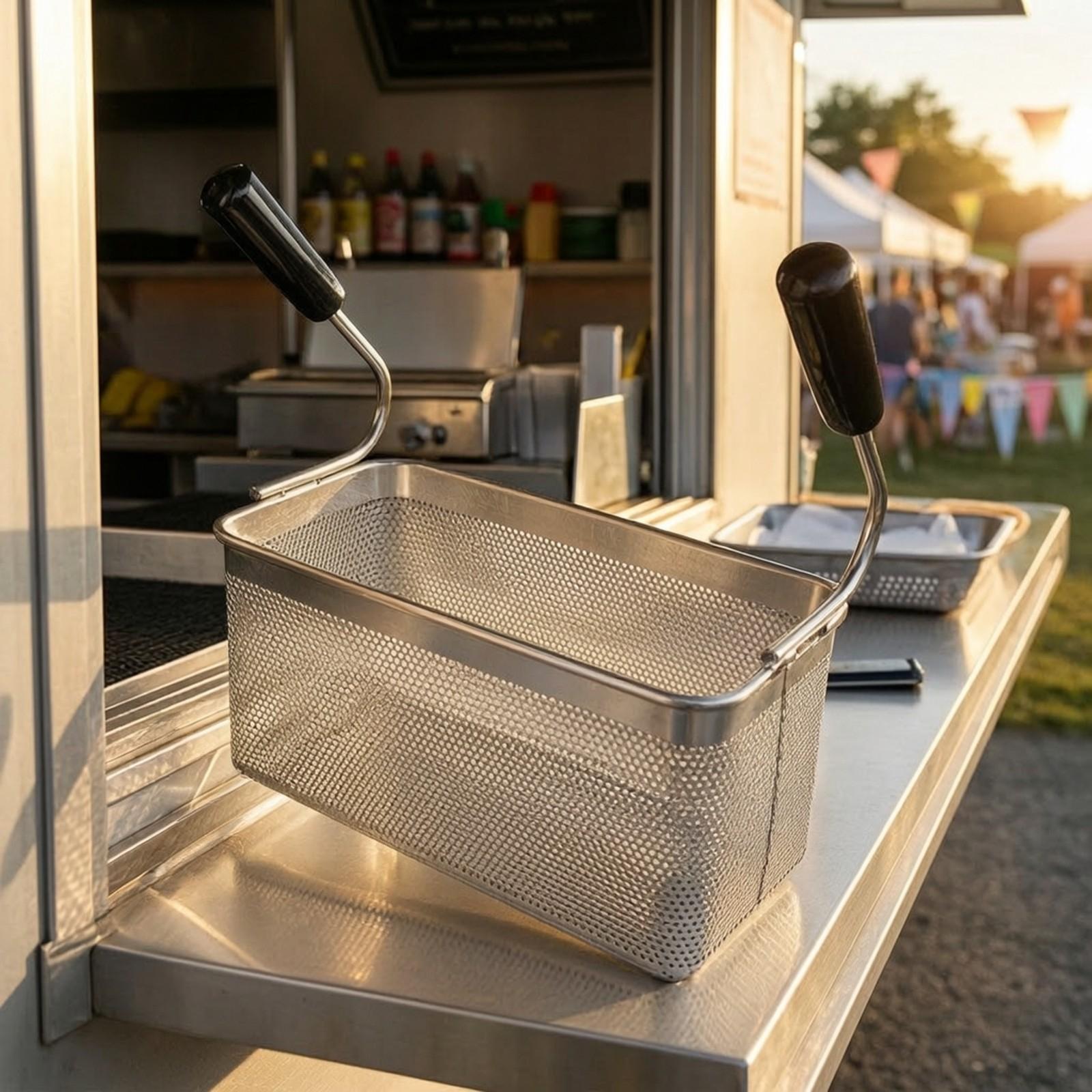 Fryer Basket Commercial Stainless - Isıya Dayanıklı Siyah Saplı, 304 Paslanmaz